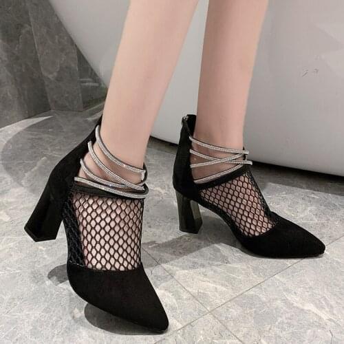 Rimocy Breathable Mesh High Heels Boots Women Flock Crystal Ankle Strap Square Heel Ankle Boots Woman Fashion Party Shoes 2021