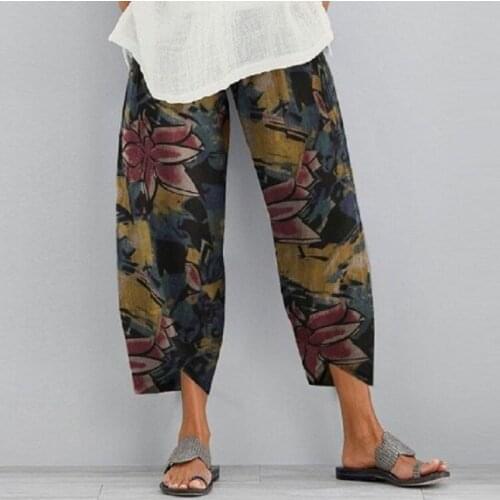2021 Women Pants Trousers Casual Vintage Printed Harem Pants Loose Pantalon Cotton Linen Turnip Palazzo Plus Size