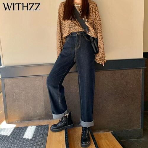 WITHZZ Spring Autumn Female High-waist Blue Denim Straight Wide Leg Pants Loose Women Jeans