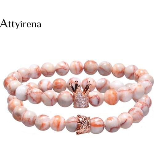 Natural Stone Bracelet Pave CZ Charms Bracelet For Women Jewelry Valentines Day Gift Crown King Charm Stone Bracelet