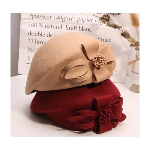 Pure Wool Felt Flower Beret Cap Red Grey Camel Woolen Stewardess Cap Elegant Ladies Street Fashion Autumn Pillbox Fedora Cap