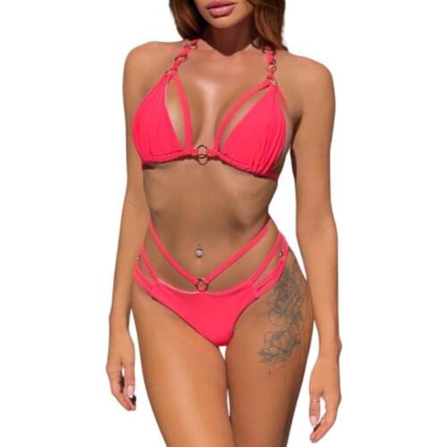 Womens Swimsuit Two Piece Set Solid Color Elastic Back Neck Lace Up Bikini Bra Pantie for Female