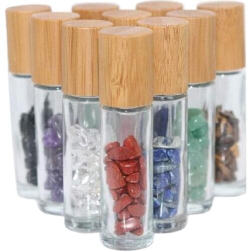 10Pcs Roller Balls for Essential Oils Glass Roller Bottles with Decorative Tops&Mini Tumbled Gemstone Chips Inside 10Ml