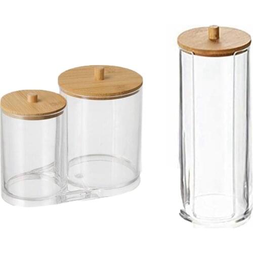 2PCS Bamboo Cover Cotton Swab Storage Box Makeup Remover Cotton Box Transparent Storage Tank Acrylic Dustproof Box