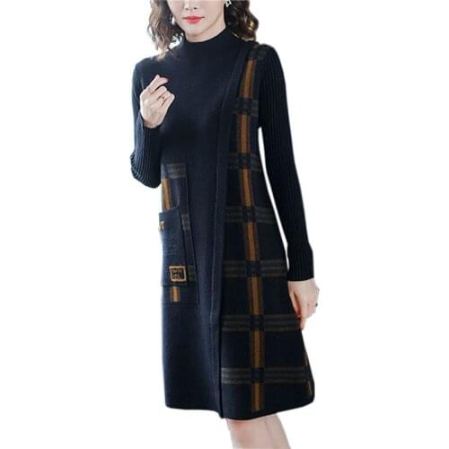 2021 New Fashion Long Sleeve Plaid Print Knit Dress Women Autumn Winter Pullover Sweater Plus Size Loose Bottoming Shirt KW1075