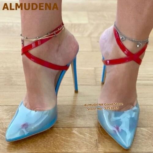 ALMUDENA Ladies Blue Transparent PVC High Heel Shoes Red Patent Leather Cross Strappy Pointed Toe Pumps Clear Women Shoes Size46