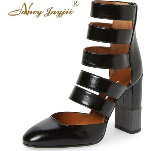 Black Solid Women Genuine Leather Hollow Out High Thick Heel 10CM Roman Sandals Shoes Woman&Night Zip Large Size 16 Nancyjayjii