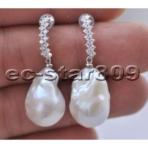 D0348 20mm White Pink black lavender Baroque Keshi Reborn PEARL Dangle Earring CZ