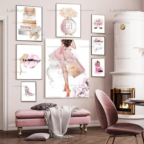 Room Decor Wall Art Modern Fashion Pink lips Perfume Bag High Heels Poster Print Canvas Painting Oill Paintings Nordic New