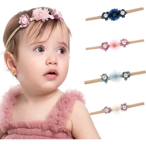 Childrens Hairband Lace Stitching Flower With Pearls Headwear Newborn Baby Girls Elastic Headband Infant Accessories Photograph