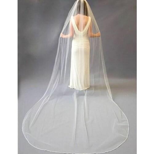 2020 One Layer Crystal Bridal Veils With Comb 300 CM White Ivory Tulle Beaded Edge Long Wedding Veil