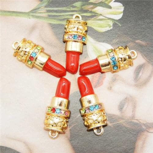 Julie Wang 5PCS Enamel Red Lipstick Charms Colored Rhinestone Alloy Gold Tone Necklace Pendant Findings Jewelry Making Accessory