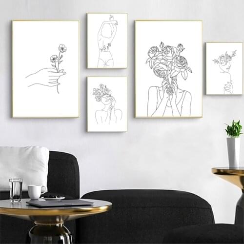Sexy Lady Body Line Drawing Canvas Painting Poster Abstract Women Nude Art Painting Yoga Girl Flower Picture Home Wall Decor
