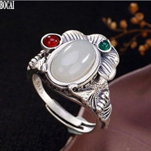 New 100% real S925 pure silver ring for female vintage inlaid natural stone blessing in front of the eyes lotus leaf woman rings