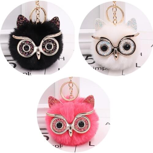 Cute Rhinestone Big Eyes Owl KeyChain Faux Rabbit Hair Car Bag Ornaments Owl Fur Ball Pendant Key Ring Birthday Party Favors