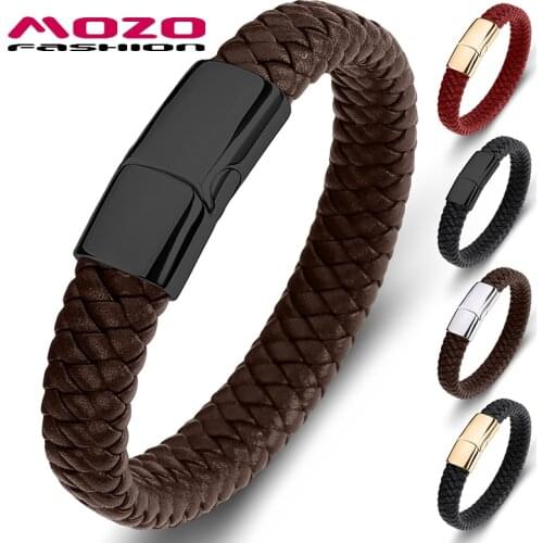 MOZO FASHION 2020 Men Bracelet Classic Simple Brown Leather Chain Bracelet Stainless Steel Bracelet High Quality Man Jewelry 109