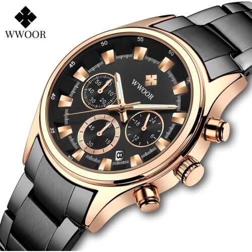 WWOOR Men Sport Quartz Wristwatches Mens Waterproof Luminous Chronograph Business Stainless Steel Quartz Watch Men With Box Pack