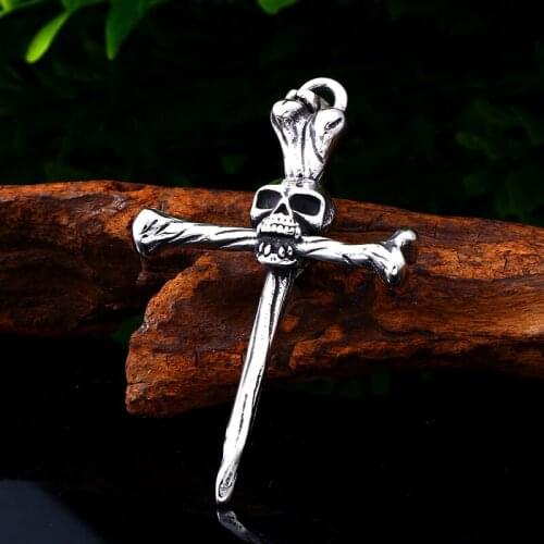 Mens Titanium steel Religion Cross Necklaces Pendant Skull Bone Silver Black Punk Gothic Motorbike Charm for Boyfriend Male