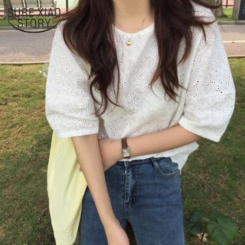 Summer New 2021 Korean Fashion Womens Half Sleeve Loose Shirts Embroidery Cotton Lace O-neck Casual Blouses Plus Size 14820