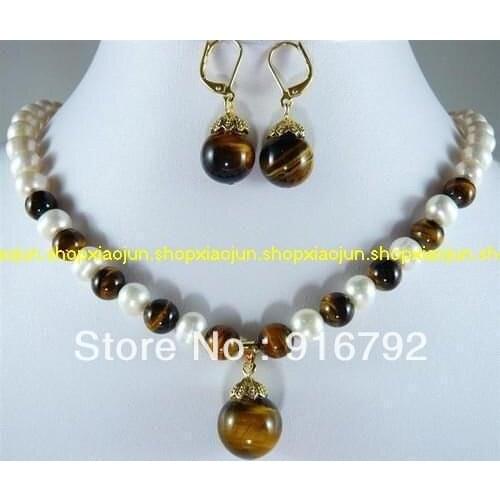 GENUINE 7-8MM White Pearl &tigers eye Necklace Earring Set 18'' (C0322)