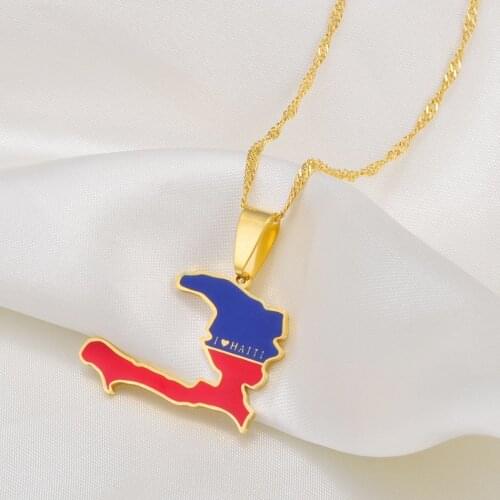 Anniyo Haiti Map Pendant Necklaces I LOVE HAITI Ayiti Gold Color Jewelry Haytian Gift,Map of Haiti I Love My Country #202621