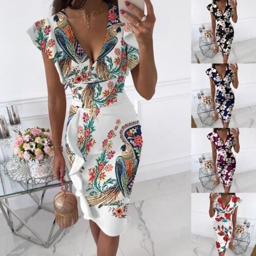 Dress Sundress 2021 Female Clothing Streetwear Midi Dress Flower Printing Deep-V Cloth Ruffled Hem Decor Summer Dress for Date