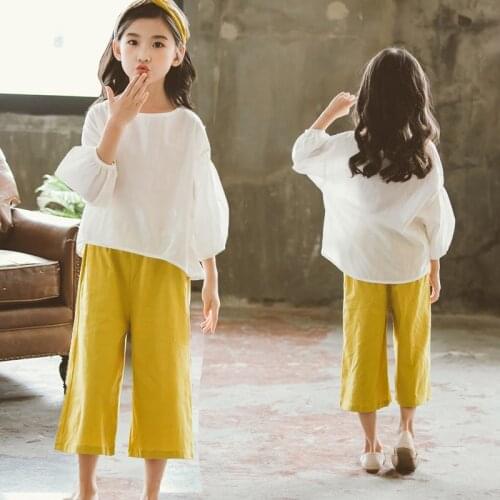 Girls Casual Clothes Sets Korean Fashion Teenagers Solid Color Shirts And Wide Leg Pants 2pcs Outfits Children Loose Clothing