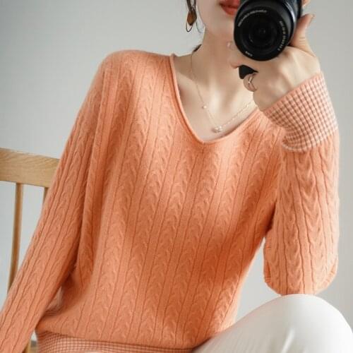 High-End Autumn Winter 100% Cashmere Sweater V- Neck Womens Female Loose Large Size Knitted Girl Clothes Tops 6 Colors JumpeS