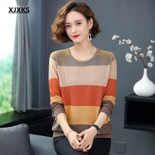 XJXKS Round neck long sleeve women striped sweater 2021 spring autumn new loose plus size wool knitted sweater women pullover