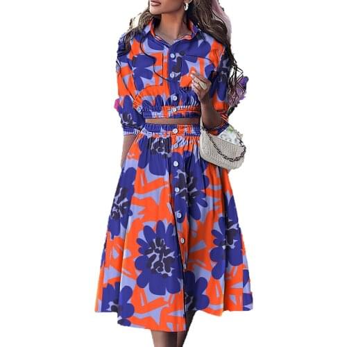 Autumn womens Blouse and Skirt Set Casual Polyester 2021 Printed Button Fashion Trendy Stand Collar High Waist