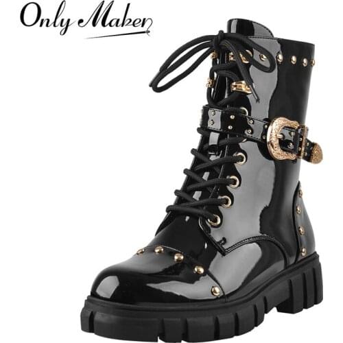 Onlymaker Women Lace-up Ankle Boots Black Patent Leather Gold Rivet Buckle Platform Low Heel Boots Zipper British Style Big Size