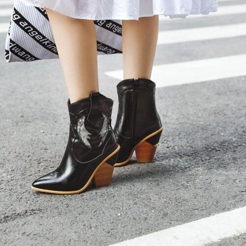 New yellow womens boots crocodile high heel leather boots thick heel pointed medium boots large 44 45 46