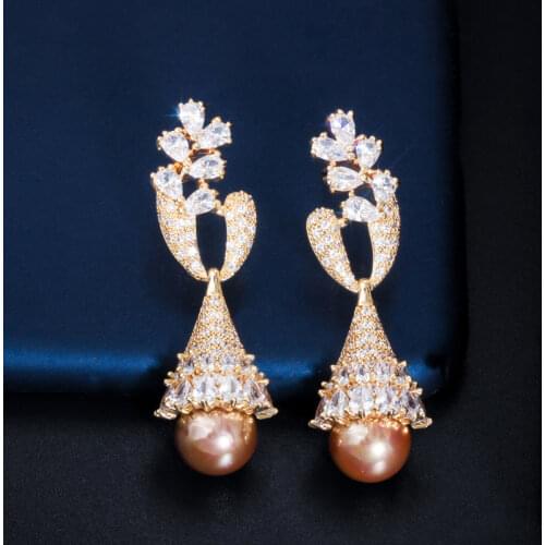 ThreeGraces Fashion Gold Color Big Simulated Pearl Drop Dangle Earrings for Women Full Cubic Zirconia Party Prom Jewelry ER514