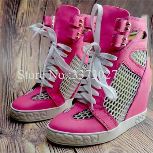 Woman Rose Red Mesh Wedge Shoes Lady New Fluorescent Yellow Platform Casual Shoes Female Fashion 8cm Increasing Heel Shoes