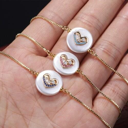 Multi white pink dark blue cz pave heart charm pearl bead link bracelet for women dainty gift for woman