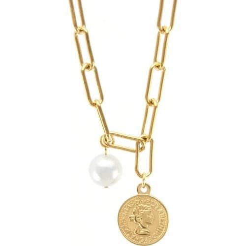 Shell Pearl Coin Necklace Stainless Steel Necklace For Women Metal Elizabeth Medallion Pendant Necklace Chunky Chain