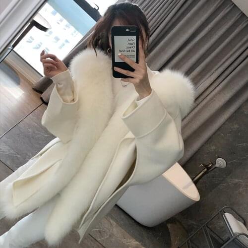 Autumn Winter New Ladies Real Wool Coat with Genuine Fox Fur Collar Loose Cape Cashmere Blends Overcoat Female Trench outwear