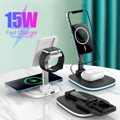 3 in 1 Magnetic Wireless Charger Universal Mobile Phone Quick Charge Stand Adapters For Apple Airpods Watch 6 5 4 For iPhone 12