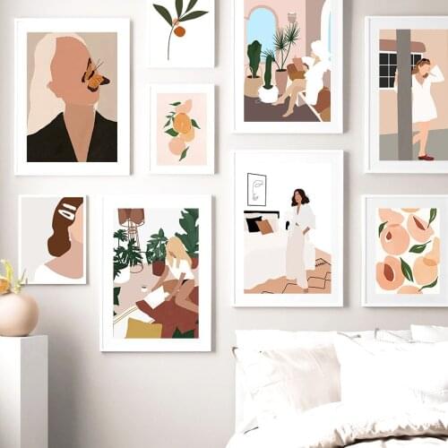 Abstract Girl Plant Fruit Leaf Vintage Nordic Posters And Prints Wall Art Canvas Painting Wall Pictures For Living Room Decor