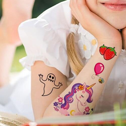 Watercolor Kawaii Unicorn Temporary Tattoos For Kids Boys Girls Flower Tattoo Sticker Fake Cartoon Halloween Tatoos Neck Face