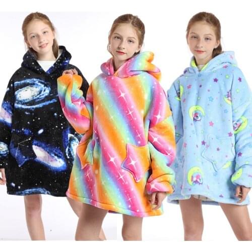 Oversized Kids Hood Sweatshirt Winter Plush Fleece Sherpa Blanket Long Hoodies Girls Unicorn Sweatshirt Children Warm TV Blanket