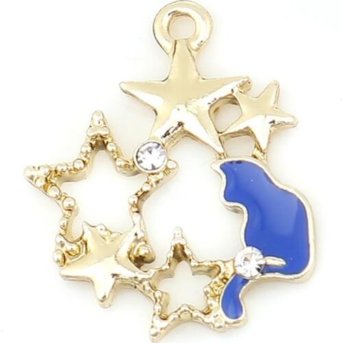 Doreen Box Zinc Alloy Charms Irregular Golde Cat Star Rhinestone White/Blue Enamel Pendants 21mm( 7/8") x 18mm( 6/8"), 10 PCs