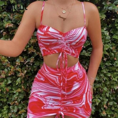 FQLWL Summer Sexy 2 Two Piece Set Women Outfits 2021 Sleeveless Backless Crop Top Drawstring Mini Skirts Clubwear Matching Sets