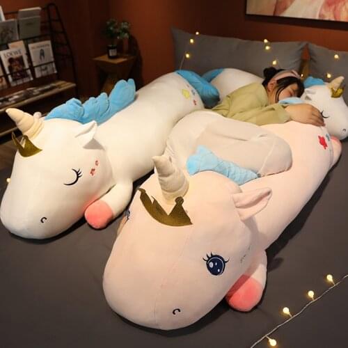 65-100cm Giant Plush Toy Kawaii Lying Unicorn Doll Pillow Fluffy Animal Plushie Toy Long Bed Sleeping Bloster Pillow Girls Gift