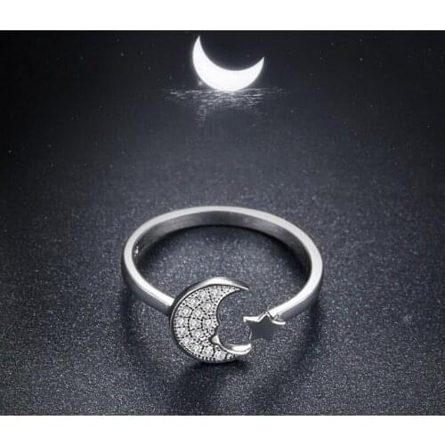 Jisensp Delicate Rhinestone Moon Stars Silver Plated Rings Adjustable Finger Ring for Women Girls Birthday Gift bijoux