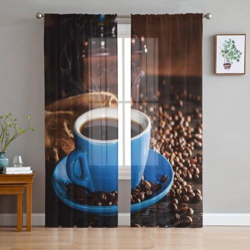 Coffee Cup Coffee Beans Tulle in Sheer Curtains for Living Room Bedroom Kitchen Window Treatment Chiffon Curtain Blinds