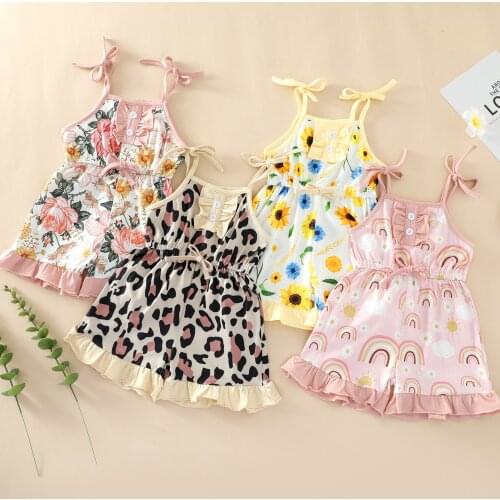0-4Y Newborn Kid Girls Floral/Rainbow/Leopard Print Jumpsuits Clothes Baby Girls Sleeveless Rompers Children Playsuit