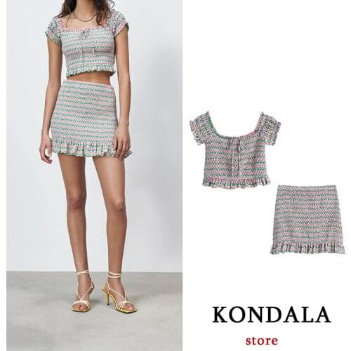 KONDALA Fashion Women Summer Suit Za 2021 Streetwear Honeycomb Plaid Print Skirt Suit Short sleeve Style Vestidos Traje