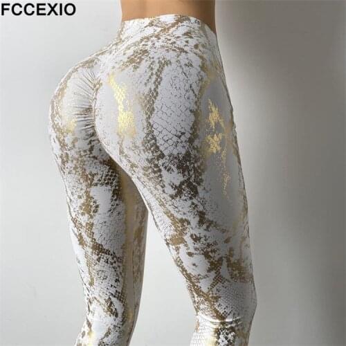 FCCEXIO New Snakeskin Pattern Push Up Fitness Leggings Women Sexy Peach Hip Legging High Waist Sports Tight Stretch Yoga Pants