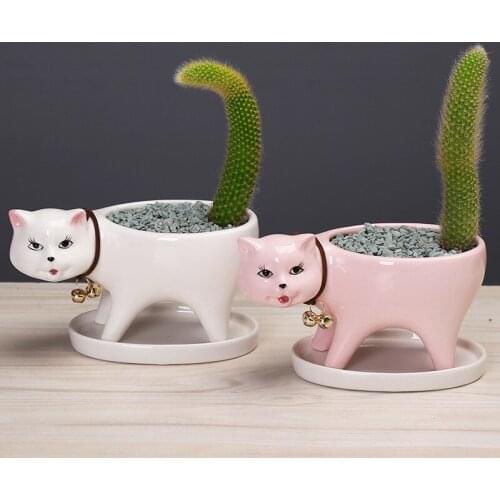 Cartoon Ceramics Cat Flower Pots Cute Cactus Plant Bonsai Pots Office Desktop Succulent Flowerpot Garden Decorative Accessories